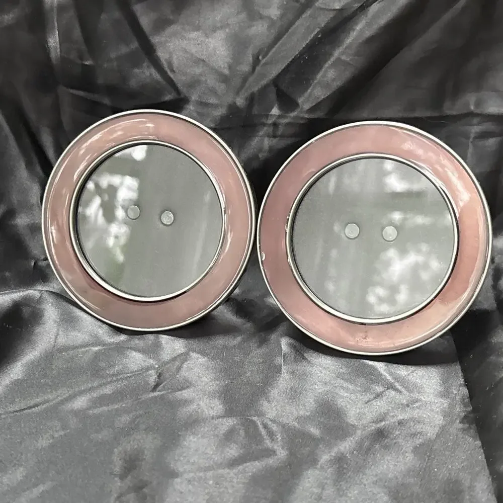 2 Pottery Barn Round Ginny Photo Frame 3”x3” Brushed Silver w/ Purple Enamel